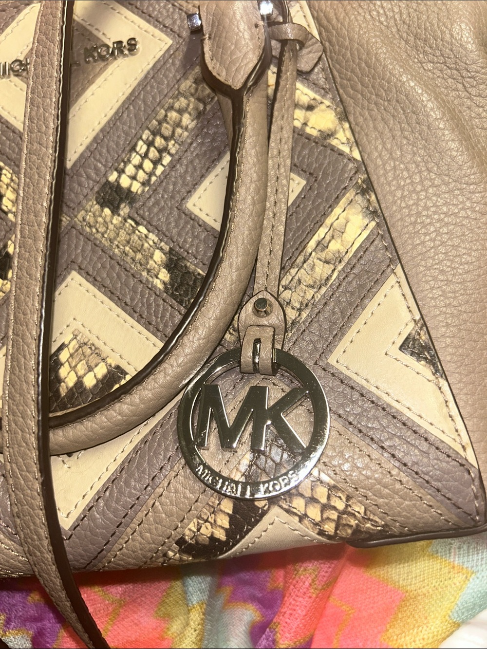 Michael Kors Brown & Beige Geometric Leather Satchel with MK Charm; 20-26” strap - Picture 14 of 15